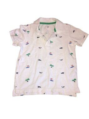 GAP Kids S White Polo Shirt Surfer Shark & Palm Tree Print Cotton Short Sleeve